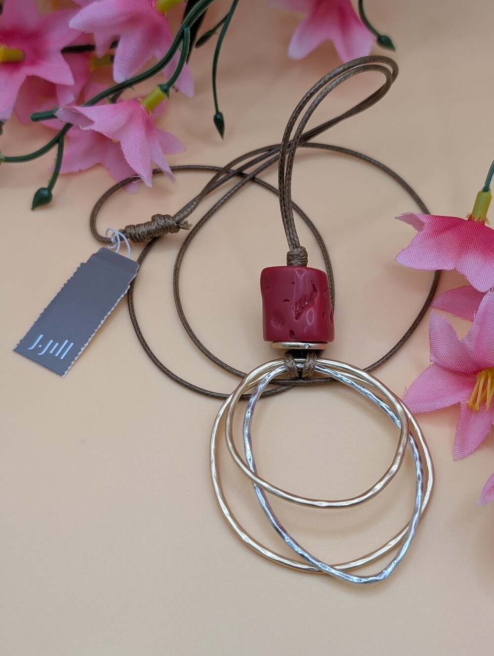 J. JILL Hammered Gold and Silver Pendant with Rose Stone Necklace NWT